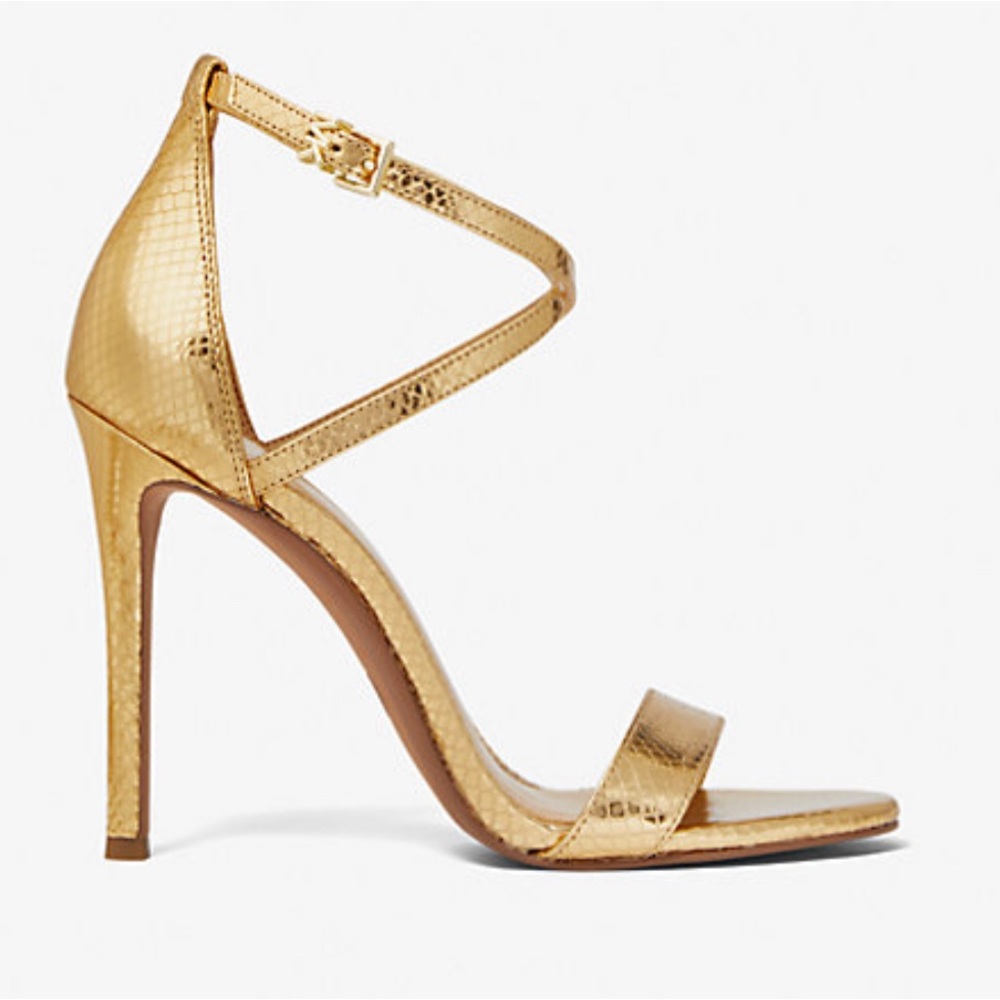 Michael Kors Gold Metallic Snake-Embossed Stiletto Heel Sandals